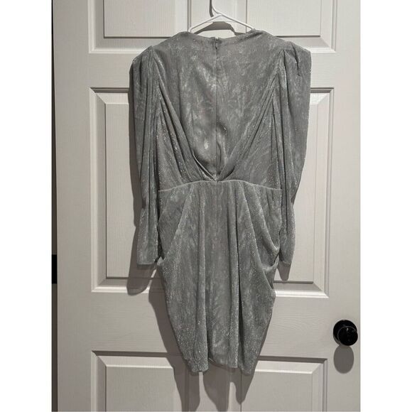 NWT IRO X Revolve Draped Metallic Silver Deep V-Neck Shoulder Pad Mini Dress 6 - Picture 16 of 16